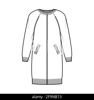 Abito con zip cardigan maglione illustrazione tecnica di moda con costoletta collo equipaggio, maniche lunghe raglan, corpo oversize, finitura a maglia, tasche. Ponticello piatto davanti, colore bianco. Donne uomini CAD mockup Illustrazione Vettoriale