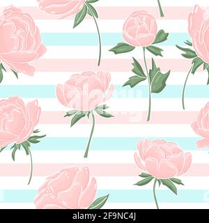 Motivo senza cuciture con fiori. Vettore, peonie rosa su sfondo a strisce. Delicati colori pastello. Sfondo continuo per la progettazione. Illustrazione Vettoriale