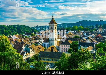 Vista aerea della città svizzera di sciaffusa e saint johann chiesa Foto Stock