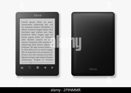 Modello di vista anteriore e posteriore dell'eBook. Tablet nero con testo sullo schermo e pulsanti di controllo, pratica libreria digitale. Illustrazione Vettoriale