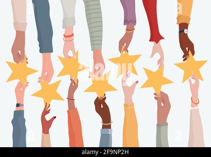 Concetto di feedback del cliente. Concetto di classificazione. Mano dando una stella ad un'altra mano.Servizio clienti.opinione e valutazione del cliente o del cliente Illustrazione Vettoriale