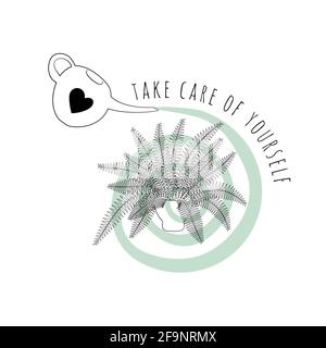 Boho minimalista illustrazione di citazione prendere cura di te con linea nera arte vasato casa felce pianta e forme astratte sfondo Illustrazione Vettoriale