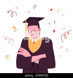 Classe di. Laureato o universitario. Triste ragazzo in abito graduato e tappo. Illustrazione Vettoriale