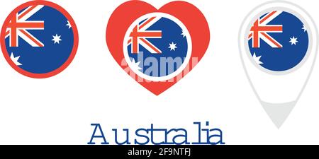 Bandiera nazionale dell'Australia, icona rotonda, icona del cuore e simbolo della posizione, vettore Illustrazione Vettoriale