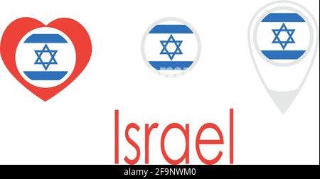 Bandiera nazionale di Israele, icona rotonda, icona del cuore e simbolo della posizione, vettore Illustrazione Vettoriale