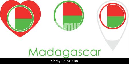 Bandiera nazionale del Madagascar, icona rotonda, icona del cuore e segno di posizione, vettore Illustrazione Vettoriale
