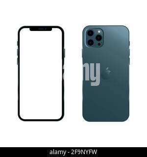 Vinnytsa, Ucraina - Aprile 19 2021 New Pacific Blue Color iPhone 12 Pro Max Mockup. Anteriore con schermo bianco e lato posteriore. Vettore Illustrazione Vettoriale