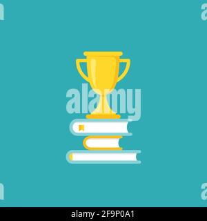 pila di libri con trofeo d'oro o coppa vincente. Isolato su fondo blu polvere. Icona di lettura piatta. Illustrazione vettoriale. Logo Education. Conoscenza Illustrazione Vettoriale