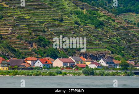 Vista di un piccolo villaggio situato sulla riva del Danubio Nella valle di wachau in Austria Foto Stock