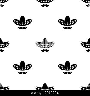 Motivo senza cuciture con sombrero e baffi. Cappelli messicani ornamento su sfondo bianco. Illustrazione vettoriale. Carta da parati Cinco De Mayo. Illustrazione Vettoriale