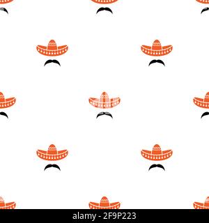 Motivo senza cuciture con sombrero e baffi. Cappelli messicani ornamento su sfondo bianco. Illustrazione vettoriale. Carta da parati Cinco De Mayo. Illustrazione Vettoriale