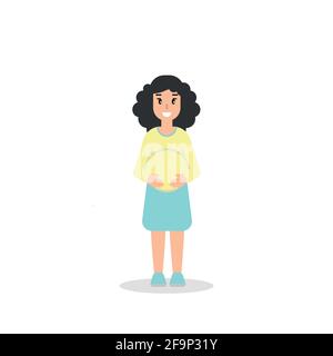 Cute sorridente donna incinta logotipo. Vettore semplice logo isolato su bianco. Felice donna incinta in gonna blu. Vettore piatto madre e maternità ico Illustrazione Vettoriale