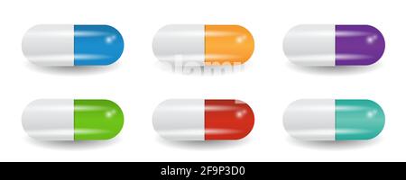 Raccolta di pillole di capsule multicolore. Oggetti di medicina. Set di illustrazioni vettoriali Illustrazione Vettoriale