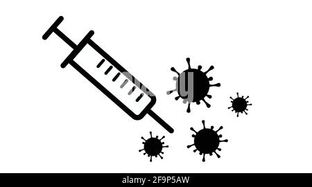 Icona vaccino Covid. Illustrazione isolata dal vettore del coronavirus e di una siringa Illustrazione Vettoriale