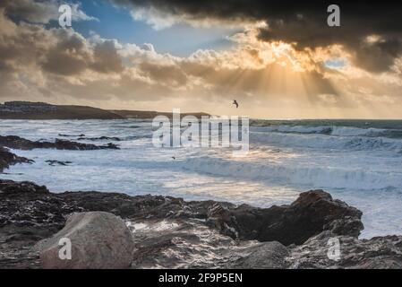 In tarda serata la luce su Fistral Bay a Newquay in Cornovaglia. Foto Stock