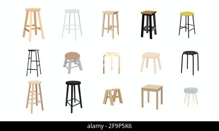 Vector Isolated Sgabelli diversi impostati su uno sfondo bianco. Set di mobili Illustrazione Vettoriale