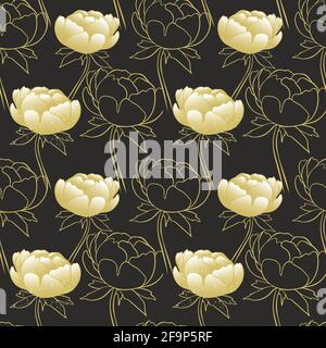 Motivo senza cuciture con peonie dorate su sfondo nero. Ricco sfondo pieno con fiori. Fiori grandi aggraziati, pattern.Vector ripetitivo. Illustrazione Vettoriale