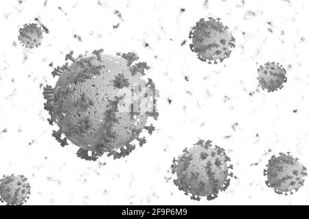 Cellule di coronavirus o molecole di batteri. Virus Covid-19. Virus isolato su bianco. Primo piano di influenza, vista del virus sotto un microscopio, malattia infettiva Foto Stock