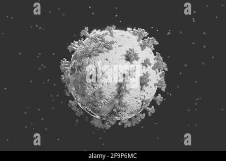 Cellule di coronavirus o molecole di batteri. Virus Covid-19. Virus isolato su bianco. Primo piano di influenza, vista del virus sotto un microscopio, malattia infettiva Foto Stock