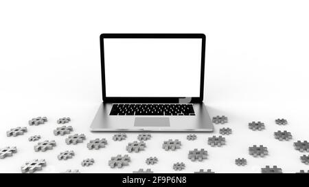 Computer portatile moderno e icona hashtag isolato su sfondo bianco. Illustrazione 3D. Foto Stock