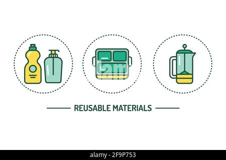 Set di icone nere della linea dei materiali riutilizzabili. Zero sprechi. Stile di vita ecocompatibile. Pittogramma per pagina web, app mobile, promo. Illustrazione Vettoriale