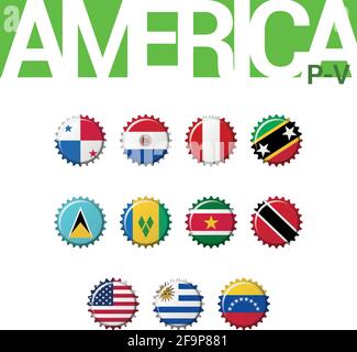 Set di 12 bandiere bottleap dell'America (P-V). Set 3 di 3. Illustrazione vettoriale. Panama, Paraguay, Perù, Saint Kitts e Nevis, Santa Lucia, Saint Vincent Illustrazione Vettoriale