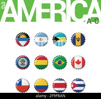 Set di 12 bandiere bottleap dell'America (A-C). Set 1 di 3. Illustrazione vettoriale. Antigua e Barbuda, Argentina, Bahamas, Barbados, Belize, Bolivia, Brasile Illustrazione Vettoriale