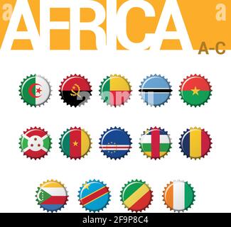Set di 14 bandiere d'imbottigliamento dell'Africa (A-C). Set 1 di 4. Illustrazione vettoriale. Algeria, Angola, Benin, Botswana, Burkina Faso, Burundi, Camerun, Capo VE Illustrazione Vettoriale