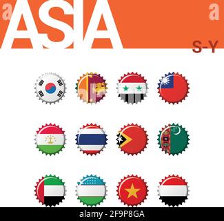 Set di 12 bandiere bottleap dell'Asia (S-Y). Set 4 di 4. Illustrazione vettoriale. Corea del Sud, Sri Lanka, Siria, Taiwan, Tagikistan, Thailandia, Timor Est, Tu Illustrazione Vettoriale