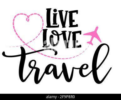 Vivere, amare, viaggiare - un concetto incantevole con l'aeroplano di carta. Adatto per la prenotazione di rottami, poster, tessuti, regali, set da viaggio. Illustrazione Vettoriale