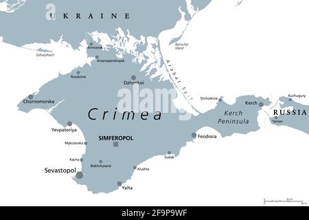 Mappa politica grigia della Crimea. Penisola dell'Europa orientale, sulla costa settentrionale del Mar Nero con status contestato. Controllato e governato dalla Russia. Foto Stock