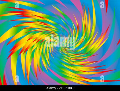 Rainbow Spectrum motivo a spirale colorato, psychedelic selvaggio potente piume roteante, sfondo colorato spinoso. Foto Stock