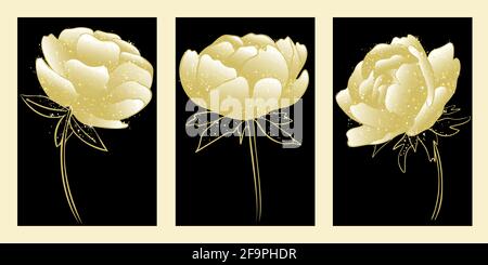 Set di peonie dorate. Fiori d'oro su sfondo nero. Decorazione della parete. Modello per biglietti e inviti. Immagine modulare.vettore. Illustrazione Vettoriale