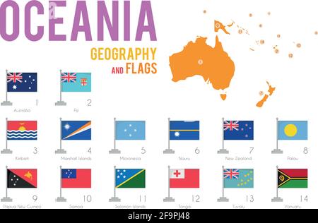 Insieme di 14 bandiere di Oceania isolato su sfondo bianco e mappa di Oceania con paesi situati su di esso. Illustrazione Vettoriale