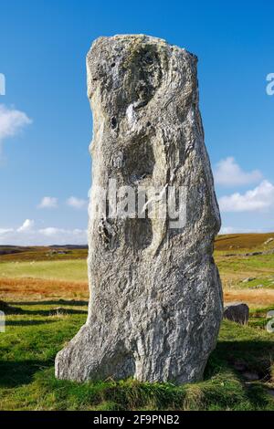 Pietre preistoriche di Tursachan a Callanish, Lewis, Scozia aka Callanish I. superficie naturale di tessitura di pietra di pietra di pietra di pietra di levisiana gneiss del cerchio di granito in piedi Foto Stock