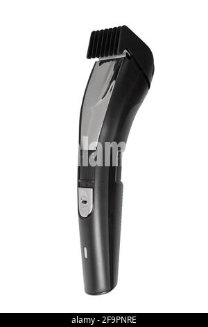 Regolacapelli cordless Barber di colore nero con vista frontale della bocchetta isolato su sfondo bianco Foto Stock