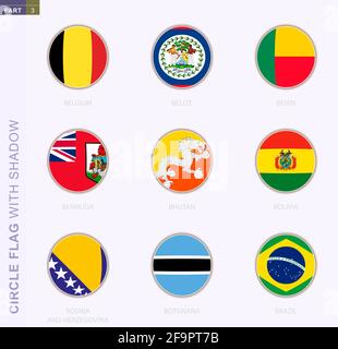 Bandiera circolare con ombra, collezione di nove bandiere rotonde. Bandiere vettoriali di 9 paesi: Belgio, Belize, Benin, Bermuda, Bhutan, Bolivia, Bosnia ed Herz Illustrazione Vettoriale