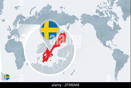 Mappa del mondo centrata sul Pacifico con la Svezia ingrandita. Bandiera e mappa della Svezia sull'Asia nella mappa del Centro mondo. Illustrazione Vettoriale