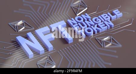 NFT non fungibile Token testo blu su sfondo scuro astratto tecnologia. Token crittografico, risorsa blockchain, concetto di crittografia. illustrazione 3d Foto Stock