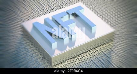 NFT non fungibile Token testo blu su sfondo di tecnologia binaria. Token crittografico, risorsa blockchain, concetto di crittografia. illustrazione 3d Foto Stock