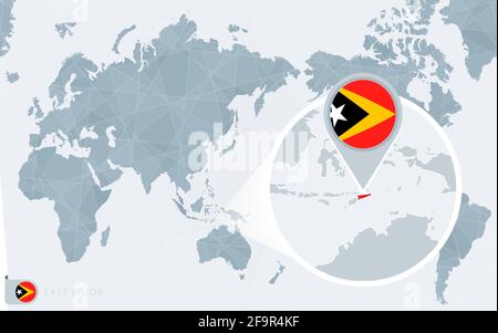 Mappa del mondo centrata sul Pacifico con Timor Est ingrandito. Bandiera e mappa di Timor Est sull'Asia nella Mappa del Centro mondo. Illustrazione Vettoriale