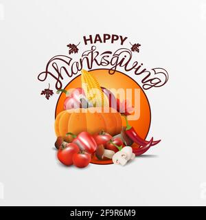 Buon Ringraziamento, banner rotondo arancione con raccolta autunnale Foto Stock