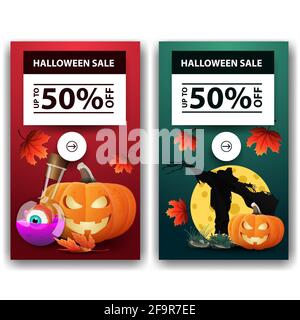 Imposta i banner di sconto verticali di Halloween, fino a 50 di sconto. Banner verticali sconto rosso e verde per la vostra azienda Foto Stock