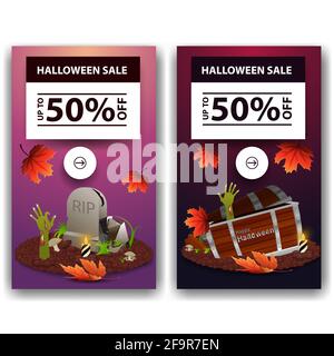 Imposta i banner di sconto verticali di Halloween, fino a 50 di sconto. Striscioni verticali di sconto rosa e viola per la vostra azienda Foto Stock
