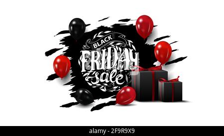 Vendita Black friday, banner nero creativo con belle scritte circolari, palloncini e regali. Modello nero isolato su sfondo bianco per la tua arte Foto Stock
