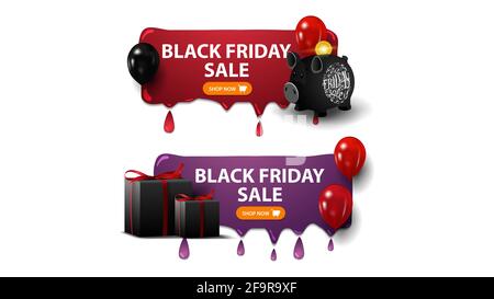 Vendita Black friday, due banner con sconti orizzontali con Piggy Bank, palloncini e regali isolati su sfondo bianco per le tue arti. Rosso e viola divieto Foto Stock