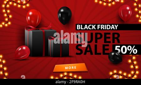 Super sale Black friday, fino a 50 di sconto, creativo modello rosso in stile minimalista moderno con palloncini e regali. Foto Stock