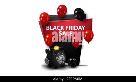 Vendita black friday, banner rosso e nero in forma di segno geometrico con Piggy Bank e palloncini. Modello di sconto isolato su sfondo bianco per Foto Stock