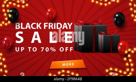 Vendita Black friday, fino a 70 di sconto, banner rosso sconto in stile minimalista moderno con palloncini e regali. Foto Stock