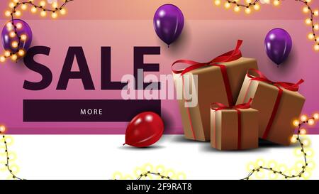Vendita, banner sconto rosa per sito web con scatole regalo e palloncini Foto Stock